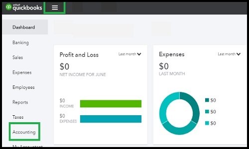 Access the left dashboard of the Intuit software