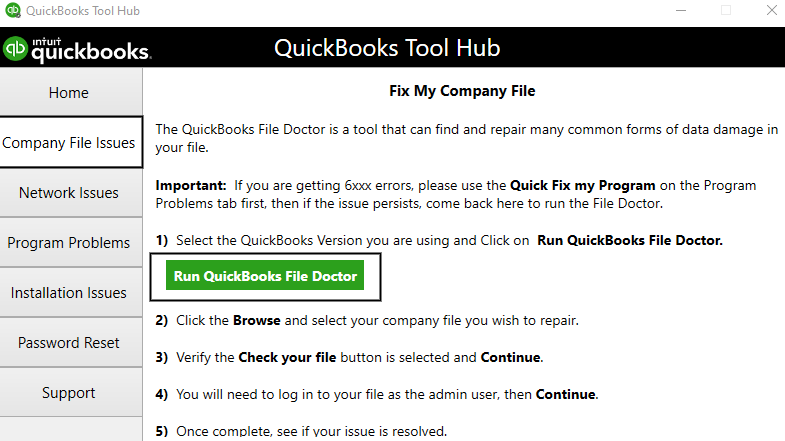 run quickbooks file docotor