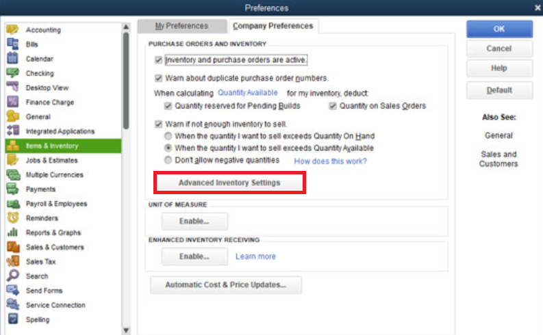Turn Off Advanced Inventory in QuickBooks