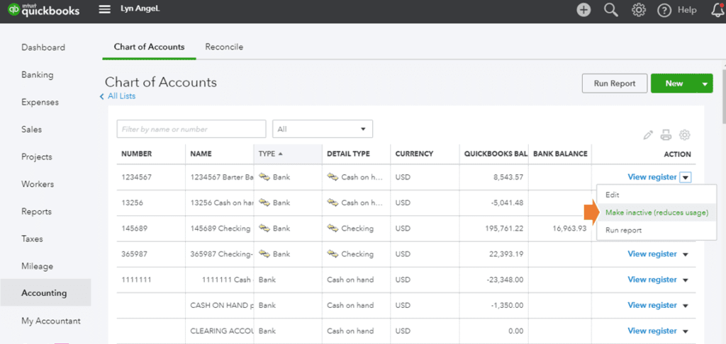 Delete Chart of Accounts by Making Them Inactive