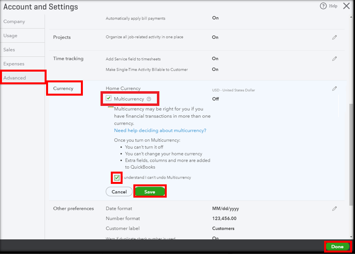 change currency in quickbooks